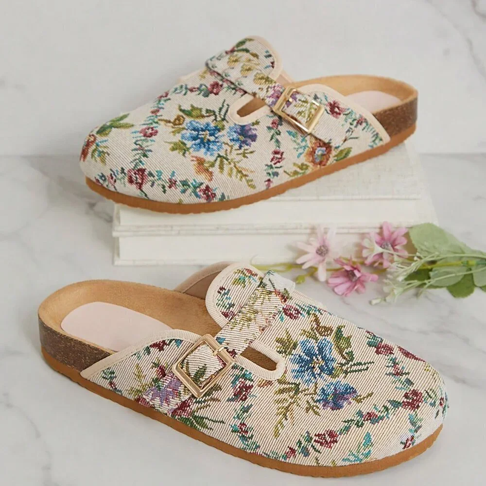 Multicolor Elegant Women's Floral Print Round Toe Adjustable Buckle Strap Flats